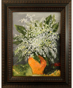 014 Dainty White Flowers in Orange Vase